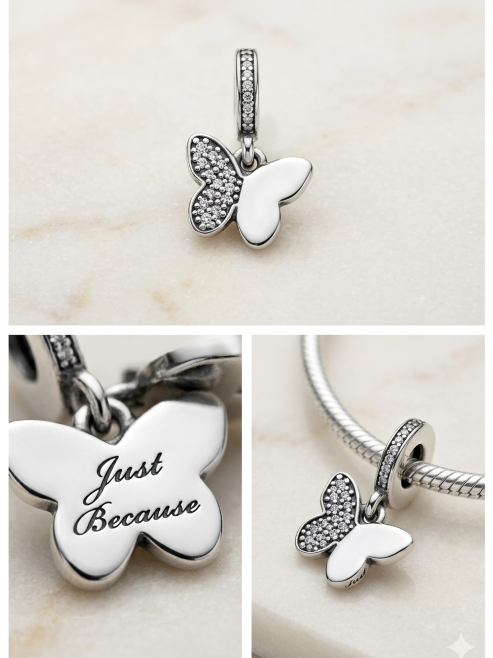 Silver Butterfly 'Just Because' Charm Pendant